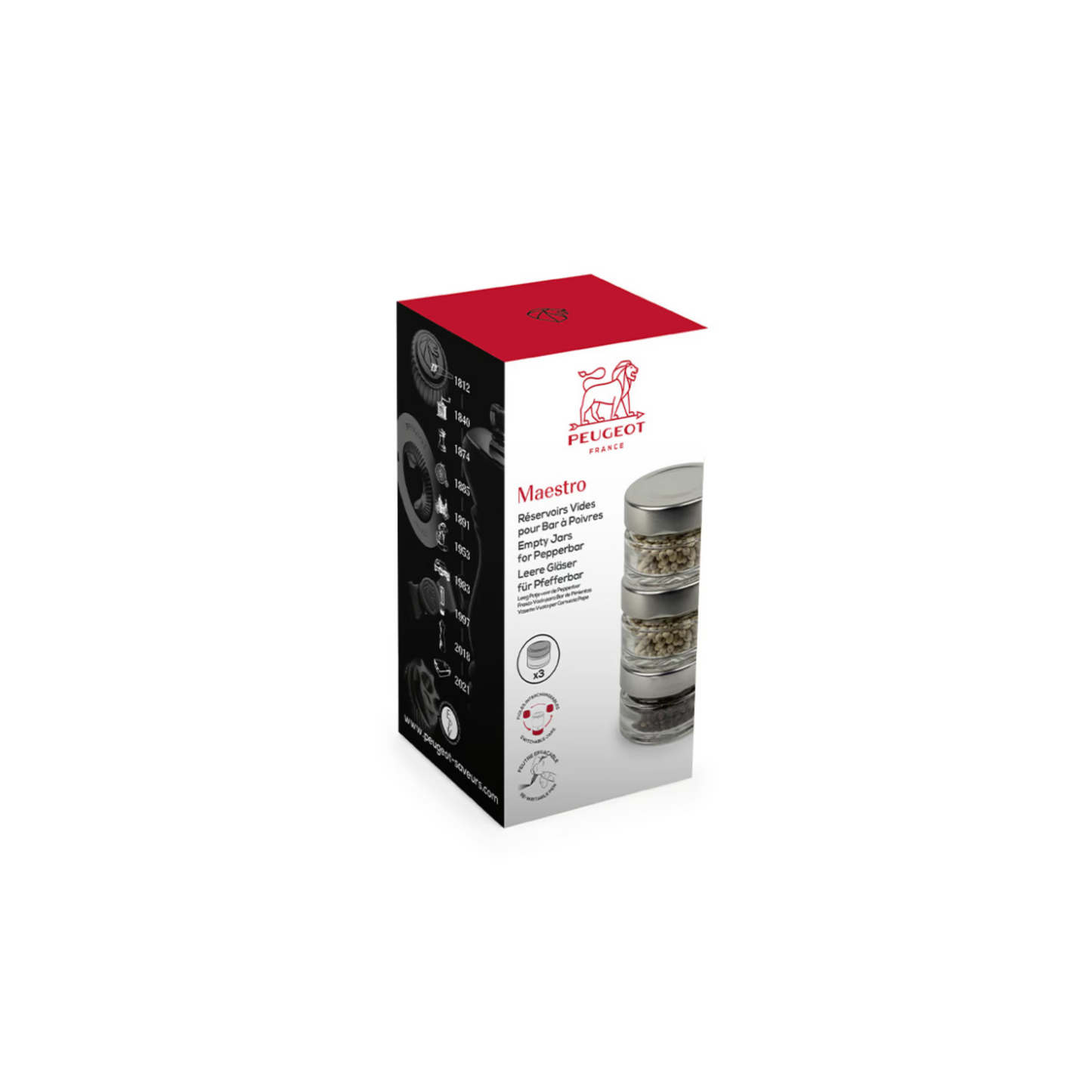 Réservoir transparent vide de poivre ou de sel sur un fond blanc dans sont packaging